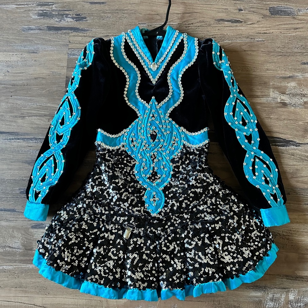 SPARKLE Black and Turquoise Irish Dance Dress-- Swarovski crystals and sequins